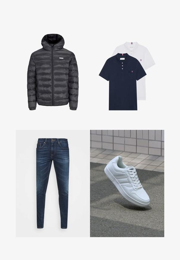 Zwarte gewatteerde jas met een capuchon, met horizontale quilted secties, een rits aan de voorkant en twee ritszakken aan de zijkant. Glad oppervlak.; Twee polo shirts: één marineblauw en één wit, beide met een kleine rood, wit en blauwe accent op de borstzak en kraag.; Donkerblauwe denim jeans met een slim fit, subtiele vervaging, vijf zakken en een metalen knoopsluiting. Gestikte accenten in contrasterende kleur.; Witte sportsneaker met een glad leren bovenwerk, vetersluiting aan de voorkant, geperforeerde neus en een geprofileerde zool. Minimalistisch ontwerp met drie zijstrepen.