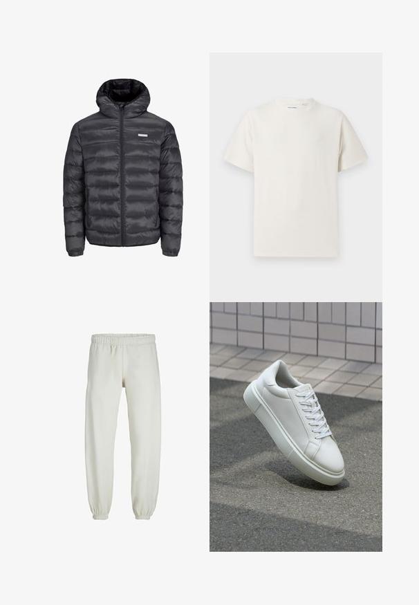 Chaqueta de plumas negra con capucha, que presenta secciones acolchadas horizontales, un cierre frontal de cremallera y dos bolsillos laterales con cremallera. Textura suave.; Camiseta blanca de manga corta en textura acanalada. Cuello redondo, corte relajado, sin patrones ni acentos visibles. Diseño simple y versátil.; Pantalones de chándal blancos hechos de una tela suave, con cinturilla y puños elásticos, que presentan una textura suave y un diseño holgado.; Zapatilla de cuero blanca con una superficie lisa, punta redonda y cordones blancos planos. Presenta una suela de goma texturizada y elementos de diseño mínimos.