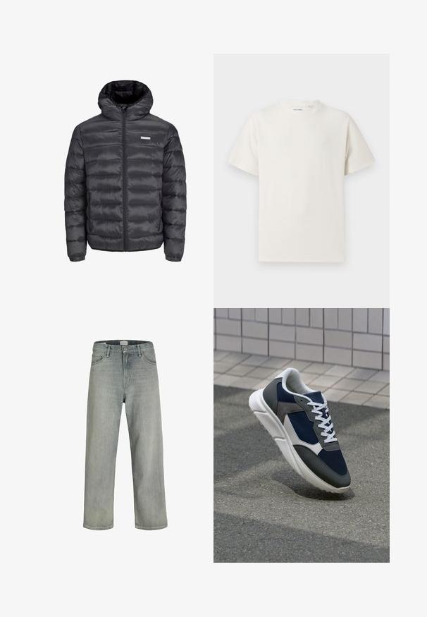 Chaqueta de plumas negra con capucha, que presenta secciones acolchadas horizontales, un cierre frontal de cremallera y dos bolsillos laterales con cremallera. Textura suave.; Camiseta blanca de manga corta en textura acanalada. Cuello redondo, corte relajado, sin patrones ni acentos visibles. Diseño simple y versátil.; Vaqueros de mezclilla de un gris claro y corte holgado. Presentan un diseño clásico de cinco bolsillos, pasadores de cinturón y una silueta de pierna recta.; Zapatillas con una parte superior de malla azul marino, detalles en gamuza gris, suela de goma blanca y cordones blancos planos, diseñadas para la comodidad y transpirabilidad.