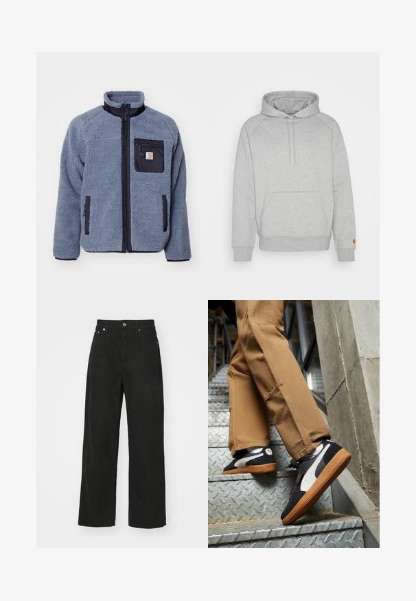 Carhartt WIP PRENTIS LINER - Flisinė striukė - dove grey/black; Pilkas su kapuce džemperis su kengūros kišene, raštuotais rankogaliais ir apačia, ant kairiojo rankovės su logotipo panele. Minkšta audinio tekstūra.; Juodi džinsai su tiesios kojos dizainu, turintys penkias kišenes, mygtuko uždarymą ir klasikiniu juosmeniu. Lygi tekstūra.; Juoda ir pilka zomšiniai sportbačiai su baltais akcentais ir gumos padangomis, dėvimi ant smėlio spalvos kelnių, kopiant metaliniais laiptais.