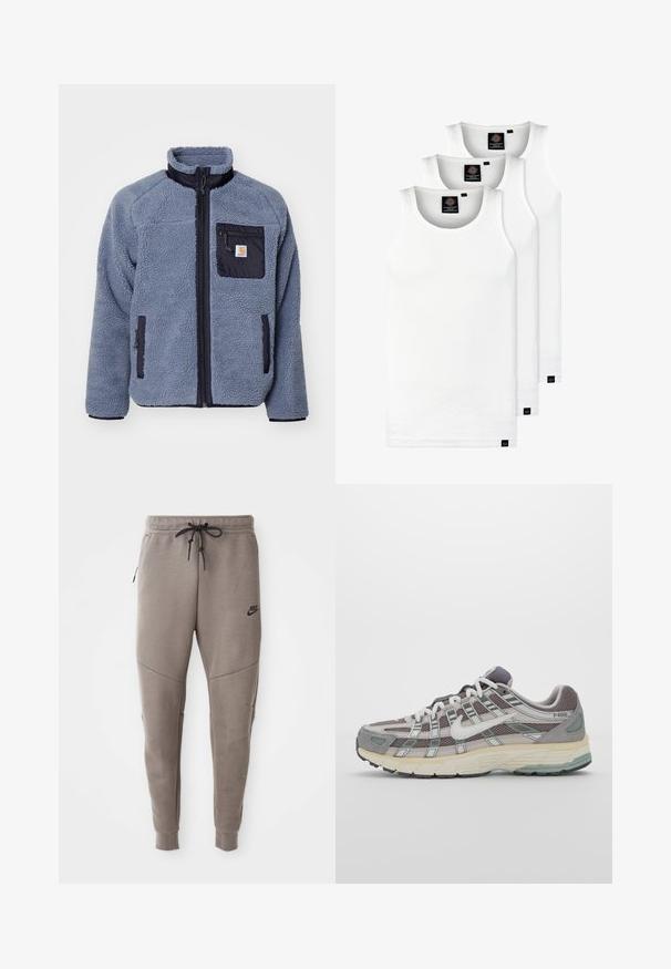 Carhartt WIP PRENTIS LINER - Fliisjakk - dove grey/black; Kolm valget ribaga t-särki, mis on valmistatud puuvillast. Omavad ümmargust kaelanõhku ja väikseid musti silte hemme lähedal. Saadaval erinevates suurustes.; Hallide Nike dressipüksid, millel on nööriga vöökoht, kitsenevad sääred, küljetaskud ja eristuv õmbluse detail. Pehme, tekstureeritud kangas.; Hallus hallitus jalanõud, millel on võrgust ja sametist ülemine osa, valged rõhutused, pehme tald ning eristuv disain peegelduvate elementidega.