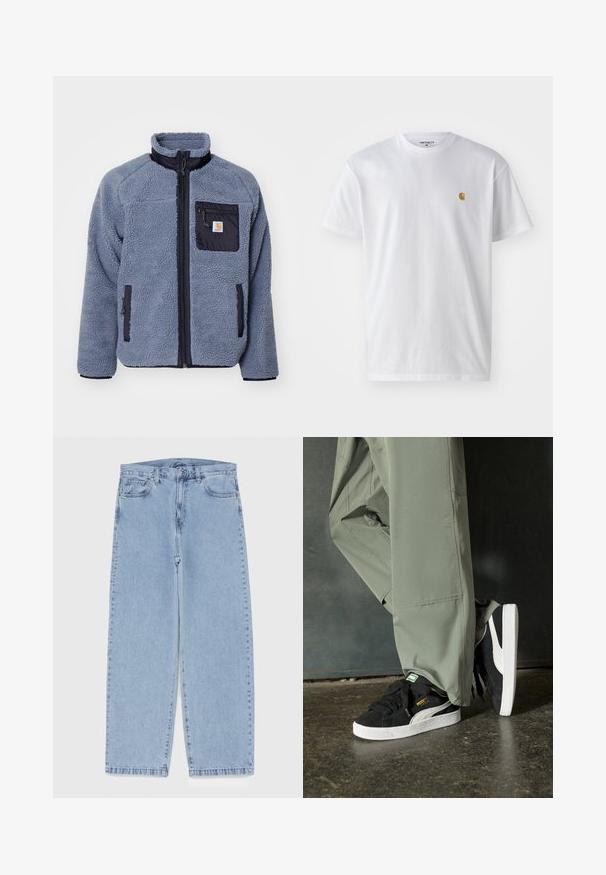 Carhartt WIP PRENTIS LINER - Jakna iz flisa - dove grey/black; Bela bombažna majica s kratkimi rokavi, krožnim ovratnikom, z majhnim zlatim logotipom na levem prsnem predelu. Mehka tekstura in običajen kroj.; Svijetloplave traperice s ravnim nogavicama, srednjeg struka, pet džepova te zatvaranjem na gumb i munju.; Črne semšaste športne copate z belimi gumijastimi podplati in stranskimi črtami, v kombinaciji s svetlo zelenimi cargo hlačami, ki stojijo na teksturirani temni površini.