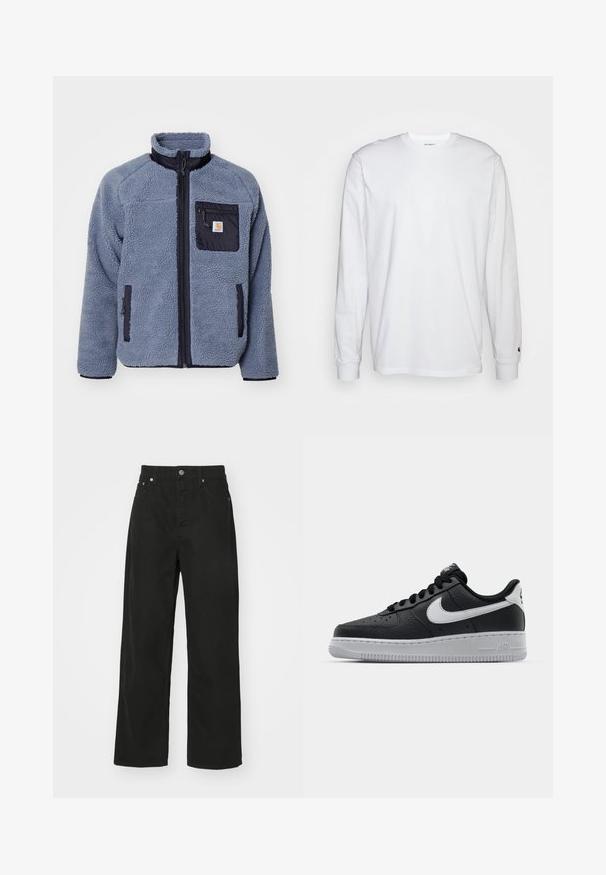 Carhartt WIP PRENTIS LINER - Polárdzseki - dove grey/black; Fehér, hosszú ujjú, pamut póló. Kerek nyakú kialakítás, bordázott mandzsetták és egy kis logó a bal ujján. Simaság jellemzi.; Fekete farmernadrág egyenes lábbal, öt zsebbel, gombos záródással és klasszikus derékkal. Sima textúra.; Fekete bőr edzőcipő mintás felülettel, fehér Nike logóval, szürke talppal, kerek orral és fűzős dizájnnal. Az orr részen perforációk találhatóak.