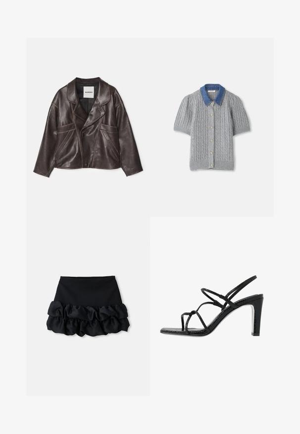 Rudas odinė striukė su įpjautu apykakle, asimetrišku mygtukų uždarymu ir ryškiai matomais šoniniais kišenėmis. Turtinga kontrastinga siuvinėjimo detalė.; Pilkas megztas trumpomis rankovėmis kardiganas su pynimo raštu, turintis džinsinį apykaklę ir penkis auksinius mygtukus priekyje.; Juoda mini sijonas su prigludusia viršutine dalimi ir trimis raukšlėto audinio sluoksniais apačioje, su lygiu paviršiumi ir švariais kontūrais.; Juodi aukšti sandalai su plonomis dirželėmis, tekstūruotu paviršiumi, atvira kojų pirštų dalimi ir elegantišku, smailiu kulnu. Yra lygus įdėklas ir blizgus paviršius.