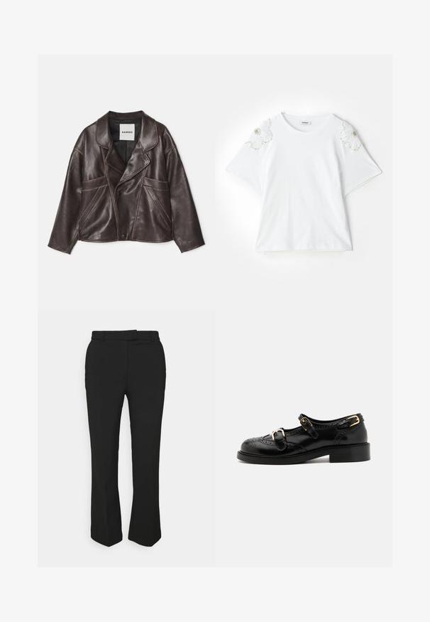 Jachetă din piele maro cu guler tăiat, închidere asimetrică cu nasturi și buzunare laterale proeminente. Prezintă detalii de cusătură contrastante.; sandro Tricou cu imprimeu - blanc; Pantaloni negri, croiți pe picior drept, cu bucle pentru curea și buzunare laterale. Fabricate dintr-un material neted, cu un finisaj curat.; Pantofi din piele neagră cu detalii brogue, având două curele cu cataramă, vârf rotund și toc jos. Textură netedă cu finisaj lucios.