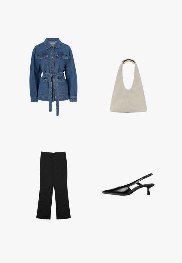 Džínová bunda tmavě modrá s opaskem v pase, knoflíkovou přední částí, dvěma náprsními kapsami a límcem. Má dlouhé rukávy a mírné opotřebení.; Černý top na ramínka vyrobený z bavlny, s kulatým výstřihem a širokými průramky. Hladká textura s prošitými lemy. Klasický, minimalistický design.; Černé kalhoty s rovným střihem, s předními kapsami a bočními rozparky na lemu. Vyrobené z jemné, hladké tkaniny. Vhodné na různé příležitosti.; Černé lakované lodičky na podpatku se špičatou špičkou, výřezovým designem na boku a malým čtvercovým podpatkem. Hladká textura s minimálními akcenty.; Světlá šedá kožená taška s U-tvarovaným designem a zakřivenou kovovou rukojetí. Hladký povrch s minimálním šitím a bez viditelných vzorů.