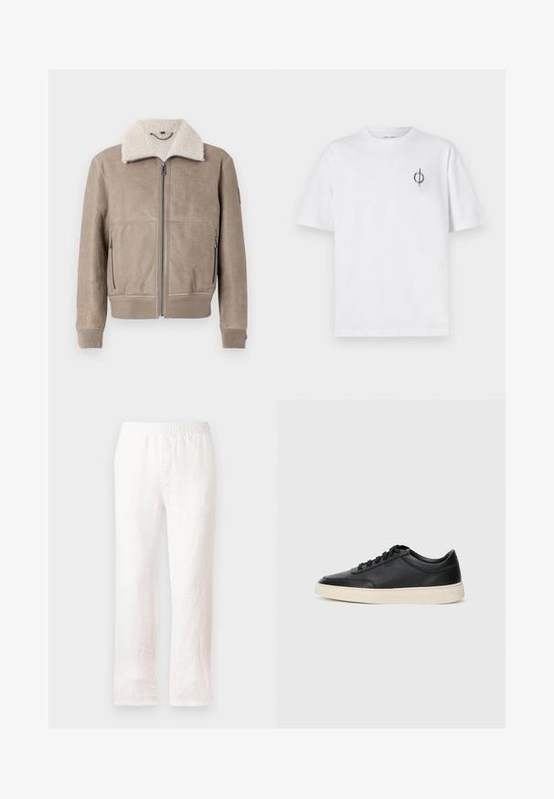 Smėlio spalvos kamuoliuko švarkas su tekstūruotu paviršiumi, turintis pieno spalvos avikailio apykaklę, užtrauktuku užsegimą priekyje ir dvi šonines kišenes. Raibota rankovių dalis.; Balta medvilninė marškinė su laisvu siluetu, su mažą juodą grafiką logotipą kairėje krūtinės pusėje. Trumpomis rankovėmis, apvaliu kaklu.; Baltos lininės kelnių su elastine juosta, tiesaus kirpimo dizainas ir šiek tiek tekstūruota medžiaga. Be raštų ar papildomų detalių.; Juoda žema viršutinė odinė sportbačiai su juodais raišteliais ir kreminiu padu, pateikti šoniniame profilyje ant baltos fono.
