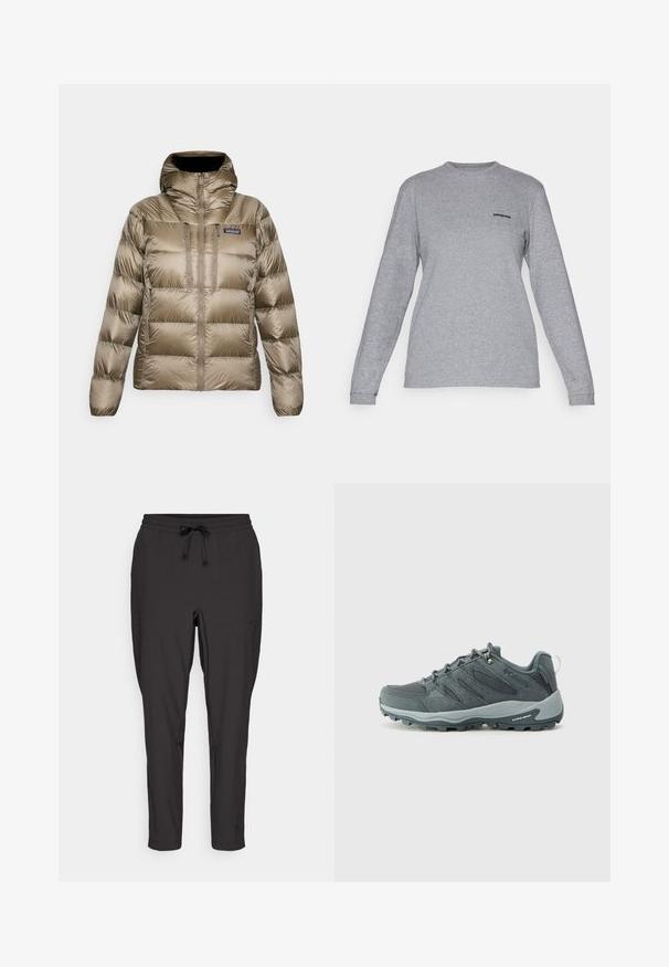 Rjava podložena jakna z visokim ovratnikom, kapuco, celotnim sprednjim zadrgo, dvema navpičnima žepoma na prsih in logotipom Patagonia na prsih.; Patagonia LOGO RESPONSIBILI-TEE - Majica z dolgimi rokavi - gravel heather; Črne trenirke z elastičnim pasom, detajlom vrvice in stranskimi žepi. Narejene so iz gladkega, lahkega materiala.; Temno sivi pohodniki z zgornjim delom iz mrežaste in semiš usnja, s sistemom zavezovanja, oblazinjeno podplatom in robustnim podplatom z vzorcem za dober oprijem.