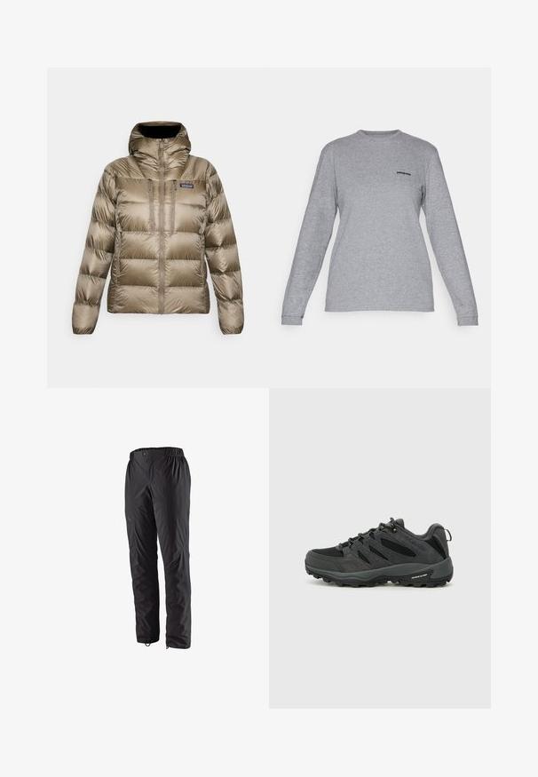 Brun vadderad jacka med hög krage, huva, hel dragkedja framtill, två vertikala bröstfickor och Patagonia-logga på bröstet.; Patagonia LOGO RESPONSIBILI-TEE - Långärmad tröja - gravel heather; Svarta vattentäta byxor med elastisk midja, sidförvaringsfickor, smalnande ben och slät textur. Lämpliga för utomhusaktiviteter.; Columbia REDMOND - Hikingskor - black/citron haze