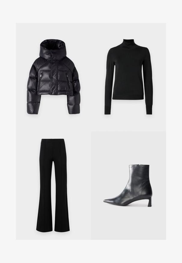 DSQUARED2 ICON PUFFER KABAN - Daunenjacke - black; Schwarzer Langarmrollkragenpullover mit gerippten Bündchen und Saum, auf einem schlichten weißen Hintergrund präsentiert.; Schwarze Schlaghose mit hoher Taille, aus dehnbarem Material. Mit vertikalen Nahtdetails auf der Vorderseite und einer glatten Textur.; Schwarze Lederstiefelette mit spitzer Zehe und schlankem Design. Verfügt über einen niedrigen Absatz und einen Reißverschluss hinten. Glatte Textur.