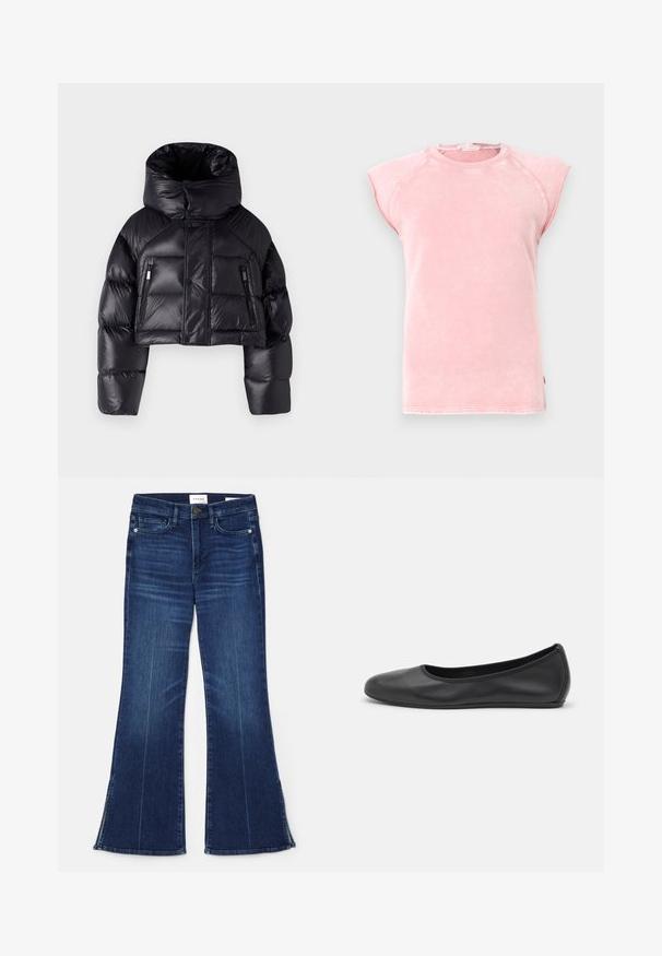 DSQUARED2 ICON PUFFER KABAN - Down jacket - black; Pink sleeveless T-shirt in soft fabric, featuring a round neckline and raw-edge armholes with contrasting stitching details.; Dark blue flared jeans made from denim. Features a high waist, front pockets, and slit details at the hem.  Classic five-pocket design.; Black leather ballet flat with a rounded toe, smooth texture, minimal stitching detail, and a flexible sole design.