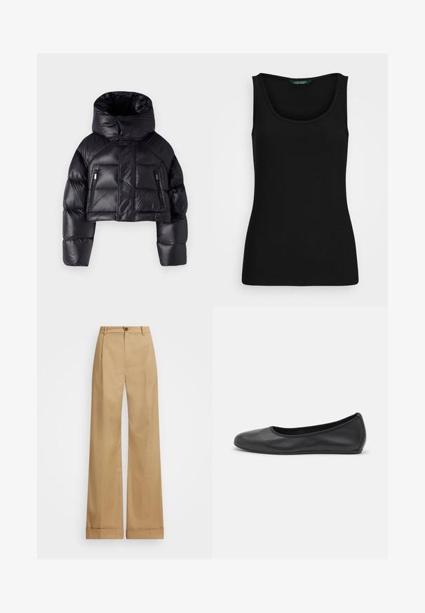 DSQUARED2 ICON PUFFER KABAN - Gewatteerde jas - black; Zwart geribbeld tanktop met een ronde halslijn, aansluitende vorm en naadloze randen. Stof is zacht en rekbaar. Etiket zegt "LAUREN."; Beige wijde broek met een knoopsluiting, voorzien van een soepele textuur en persplooien. Met afgeronde zoom voor extra detail.; Zwarte leren ballerina met een ronde neus, gladde textuur, minimale stikdetails en een flexibele zoolontwerp.