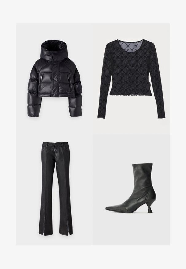 DSQUARED2 ICON PUFFER KABAN - Down jacket - black; Black long-sleeve top made of sheer, textured fabric featuring a raised floral pattern and a rounded neckline with a scalloped hem.; Black flared trousers with a glossy finish, featuring two front pockets and slits near the hem, made from durable fabric.; Black leather ankle boot with pointy toe, textured toe cap, and a slim, conical heel. Smooth surface with subtle stitching details.