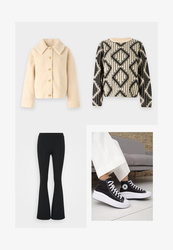 Veste en polaire beige avec col, fermeture à boutons sur le devant et deux poches latérales. Présente une surface douce et texturée, ainsi qu'un style court.; Pull noir et crème à motifs avec un design géométrique en losanges, encolure ronde et manches longues avec des poignets côtelés.; Pantalon évasé noir en tissu extensible, présentant une taille haute et une texture lisse. Le pantalon s'élargit à partir du genou.; Baskets montantes en toile noire avec semelles et lacets en caoutchouc blanc. Elles présentent un logo circulaire sur le côté et un contraste de coutures blanches.