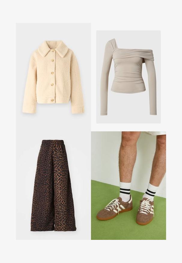 Jachetă bej din fleece, cu guler, închidere cu nasturi și două buzunare laterale. Prezintă o suprafață moale și texturată și un stil scurt.; Top bej cu mânecă lungă, cu un design off-the-shoulder, având o textură plisată și o siluetă ajustată. Material neted, elastic.; Pantaloni largi, confecționați dintr-un material neted, având un fundal maro cu un model de leopard negru și o talie elastică.; Adidași maro din suede cu accente și șireturi albe. Talpă din cauciuc de culoare caramel. Purtați cu șosete albe cu dungi negre. Pardoseală verde texturată.