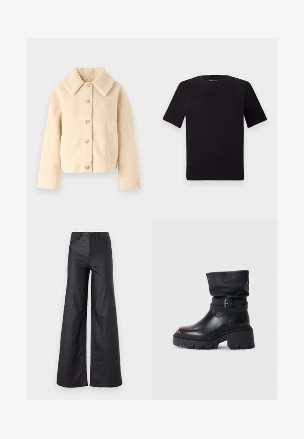 Beige, Fleecejacke mit Kragen, Knopfverschluss vorne und zwei seitlichen Taschen. Sie hat eine weiche, strukturierte Oberfläche und einen verkürzten Stil.; Schwarzes T-Shirt mit kurzen Ärmeln und Rundhalsausschnitt, aus weichem Baumwollmaterial gefertigt. Schlichtes Design, keine sichtbaren Logos oder Muster.; Schwarze, weit geschnittene Hose aus einem Kunstledermaterial. Mit hoher Taille, Gürtelschlaufen, zwei Fronttaschen und genähten Details.; Schwarze Leder-Stiefelette mit einem lässigen Schaft, Schnallenverzierung und dickem, robustem Absatz. Verfügt über eine runde Zehenpartie und eine glatte Textur.