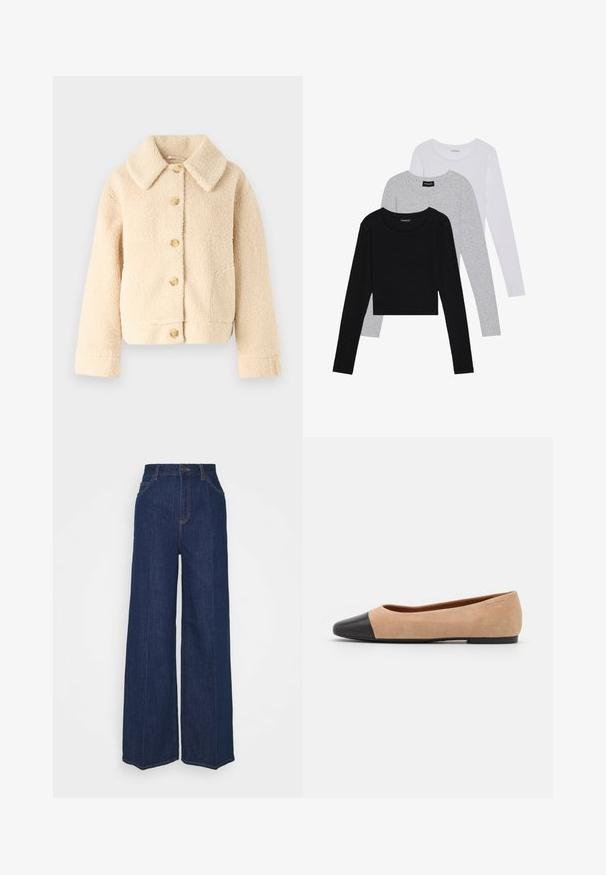Beige, Fleecejacke mit Kragen, Knopfverschluss vorne und zwei seitlichen Taschen. Sie hat eine weiche, strukturierte Oberfläche und einen verkürzten Stil.; Drei langärmelige Oberteile gestapelt: schwarz, grau und weiß. Jedes hat einen runden Halsausschnitt und ein kurzes Design aus glattem, leichtem Stoff.; Hochtaillierte, weit geschnittene, dunkelblaue Jeans aus Denim mit Front- und Gesäßtaschen, Knopfverschluss und sichtbaren Nähdetails.; Beige Wildleder Ballerina mit einer runden Zehenkappe aus schwarzem Leder, niedrigem Absatz und glatter Textur, mit minimaler Nahtverarbeitung und klarem Design.