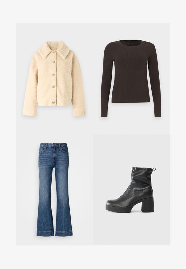 Casaco de fleece bege com gola, fecho frontal por botões e dois bolsos laterais. Apresenta uma superfície suave e texturada, além de um estilo cropped.; Top castanho de manga longa em malha com decote redondo. Feito de um material suave e elástico, apresentando um silhueta ajustada e detalhes mínimos.; Jeans de ganga flare em azul escuro. Possui cinco bolsos, passantes para cinto e costura laranja. Textura suave com um design de ajuste clássico.; Botas de tornozelo pretas feitas de couro liso, com fecho lateral, salto grosso texturizado e design de bico arredondado.