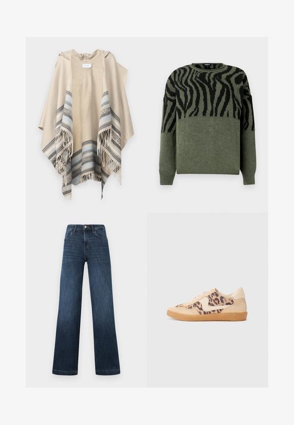 VILA VIEMMA HOODED PONCHO - Poncho - birch; Randig zebra-mönstrad tröja i mörkgrön och svart, stickad textur, rund halsringning, långa ärmar, med kontrasterande design på den övre delen.; Mörkblå denimjeans med vid ben-design, som har fem fickor och en framknäppning. Slät textur och klassiska sömnadsdetaljer.; Leopardmönstrade sneakers med överdel i beige mocka, tan gummisula och vita detaljer. Rund tå och snörning med en strukturerad finish.
