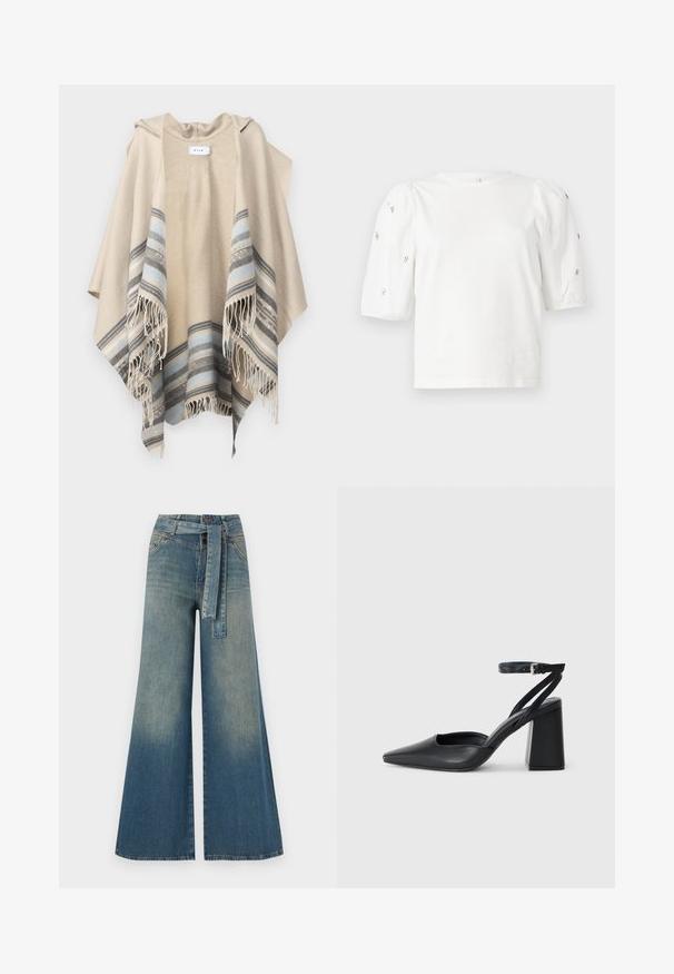 VILA VIEMMA HOODED PONCHO - Cape - birch; Hvit bomull T-skjorte med korte pufferm, med små sølvdekorasjoner langs ermene. Klassisk rund hals, avslappet passform.; Bredde ben jeans med en lyseblå til mørkeblå gradient, høyt liv, beltehemper og et matchende belte i samme stoff. Teksturert denimoverflate.; Svart lær pumps med spiss tå, ankelrem og kraftig hæl. Flat tekstur, strømlinjeformet design og minimalisme.