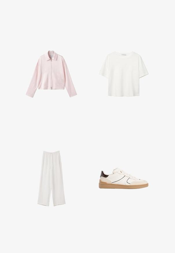 Lys rosa cropped jakke med spids krave, frontlynlås og to sidelommer. Glat stof med et simpelt, rent design.; Hvid kortærmet t-shirt lavet af bomuld. Har en rund halsudskæring og en afslappet pasform. Glat tekstur uden synlige mønstre eller detaljer.; Hvide bukser med bred benlængde lavet af et letvægtsstof. Har et elastisk talje med snor og sidelommer. Glat tekstur.; Stradivarius Sneakers - white