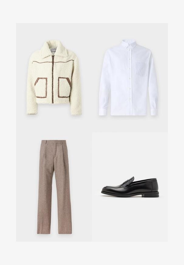 Veste en polaire couleur crème avec une fermeture éclair à l'avant, accents en faux cuir brun et deux poches plaquées. Elle présente un col.; Chemise blanche à manches longues avec boutons en coton, présentant une poche poitrine avec broderie ton sur ton, un col et des poignets boutonnés.; Pantalons marron taille haute en tissu texturé. Présente des jambes larges et deux plis avant pour la structure. Finition soignée sans matériel visible.; Mocassins en cuir noir avec une texture lisse, bout rond et une sangle décorative sur le dessus. Talon bas empilé, design minimaliste.