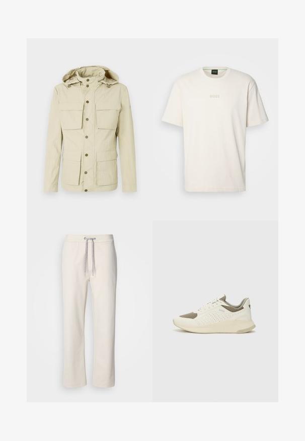 Lichtbeige jas met een capuchon, voorzien van twee borstzakken en twee onderste zakken. Drukknoopsluiting met een gestructureerde stofafwerking.; BOSS TEE - T-shirt basic - open white; Crème-kleurige casual broek met een gewatteerde taille en rechte pijpen, weergegeven tegen een effen witte achtergrond.; Witte en lichtbeige sport sneaker, met een bovenwerk van mesh, geperforeerde details en een gestructureerde tussenzool met branding op de hiel.