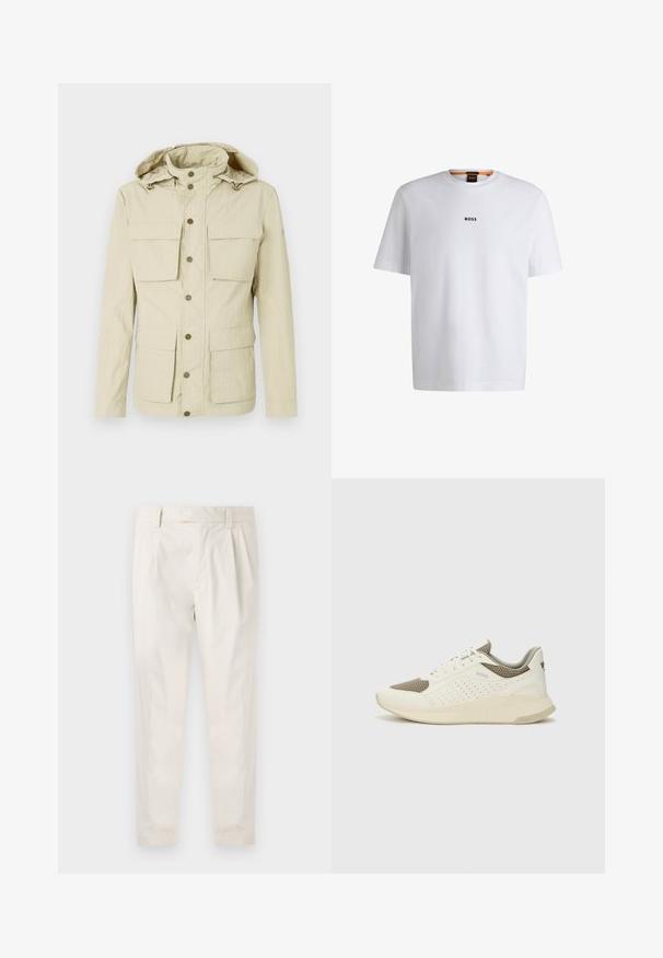 Lys beige jakke med hætte, der har to brystlommer og to nederste lommer. Trykknaplukning med en tekstureret stofoverflade.; Hvid bomuld T-shirt med korte ærmer, med et sort "BOSS" logo centreret på brystet og en rund halsudskæring.; Hvide, plisserede bukser med en skræddersyet pasform, der har en glat overflade, bæltestropper og smalnede ben. Ingen synlige lommer eller mønstre.; Hvide og lyse beige sportssko med en mesh-overdel, perforerede detaljer og en tekstureret mellemsål med branding på hælen.