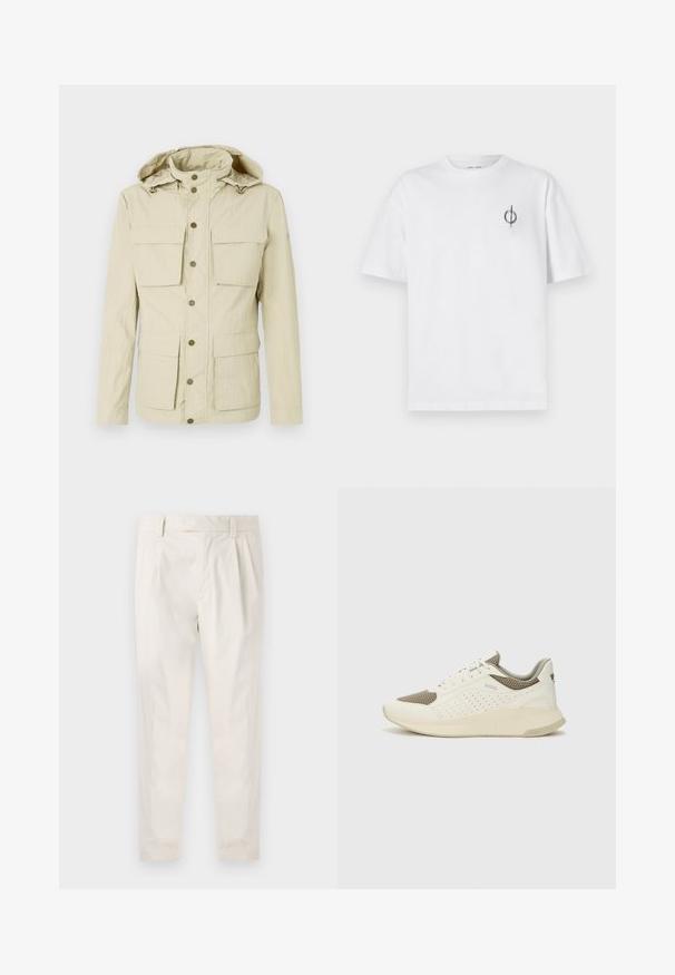Lys beige jakke med hætte, der har to brystlommer og to nederste lommer. Trykknaplukning med en tekstureret stofoverflade.; Hvid bomulds t-shirt med en afslappet pasform, der har et lille sort grafisk logo på venstre brystområde. Korte ærmer, rund halsstil.; Hvide, plisserede bukser med en skræddersyet pasform, der har en glat overflade, bæltestropper og smalnede ben. Ingen synlige lommer eller mønstre.; Hvide og lyse beige sportssko med en mesh-overdel, perforerede detaljer og en tekstureret mellemsål med branding på hælen.