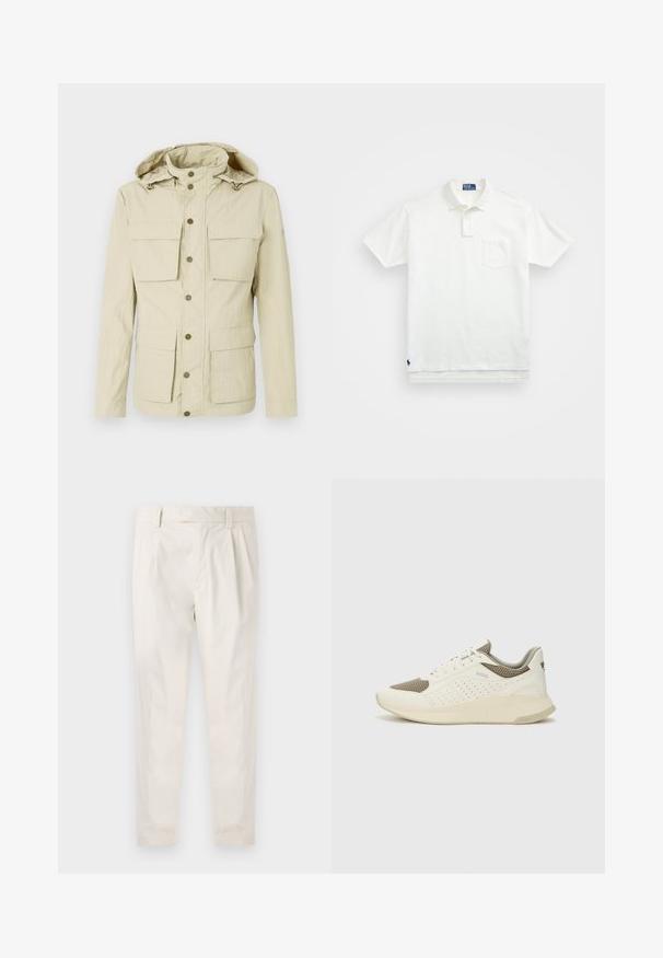 Lys beige jakke med hætte, der har to brystlommer og to nederste lommer. Trykknaplukning med en tekstureret stofoverflade.; Hvid polo-shirt lavet af bomuld, med en klassisk krave, tre-knaps knaplukning og en lomme på venstre bryst; lille logo ved kanten.; Hvide, plisserede bukser med en skræddersyet pasform, der har en glat overflade, bæltestropper og smalnede ben. Ingen synlige lommer eller mønstre.; Hvide og lyse beige sportssko med en mesh-overdel, perforerede detaljer og en tekstureret mellemsål med branding på hælen.