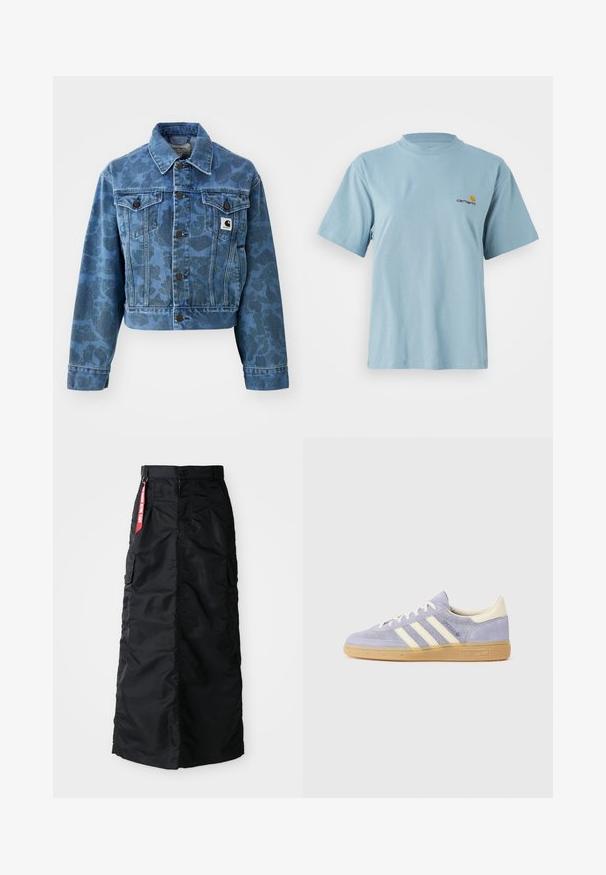Beskåret denimjakke i blå med et subtilt camouflage-mønster, der har en spids krave, frontlommer og mørke knapper. Carhartt-logo-patch.; Lysblå kortærmet bomulds t-shirt med rund hals og lille gult og rødt Carhartt-logo på venstre bryst.; Sort lang nederdel med frontknap og lynlås, sidelommer, og et rødt "Remove Before Flight" stofmærke på taljen.; Lilla ruskindsneaker med tre hvide striber, gummisål og cremefarvede detaljer ved hælen og tungen. Minimalistisk design med logodetalje.