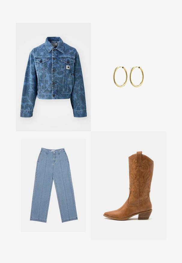 Chaqueta de mezclilla recortada en azul con un sutil patrón de camuflaje, con un cuello puntiagudo, bolsillos frontales y botones oscuros. Parche del logo de Carhartt.; Tres camisetas sin mangas en azul, negro y blanco. La tela es acanalada con un escote redondo. Cada camiseta tiene una etiqueta con la inscripción "even&odd."; Vaqueros de pierna ancha de color azul claro, hechos de denim. Presentan una cintura alta, cierre de botón y costuras visibles. No hay bolsillos visibles en la parte delantera.; Bota de vaquero de cuero marrón claro con punta afilada, patrones de espiral bordados en el tubo y un tacón bloque apilado. Cuenta con una pestaña de agarre para facilitar su uso.; Pendientes de aro de metal dorado con un acabado suave, forma circular y cierre seguro. Superficie pulida sin patrones o acentos visibles.