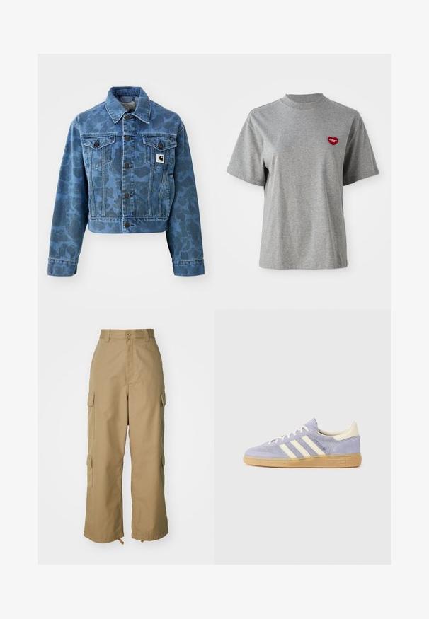 Zkrácená džínsová bunda v modré barvě s jemným maskáčovým vzorem, vybavená špičatým límcem, předními kapsami a tmavými knoflíky. Patička loga Carhartt.; Šedé tričko s krátkým rukávem a kulatým výstřihem se malou červenou nášivkou ve tvaru srdce na levém hrudníku, na které je napsáno "Carhartt WIP."; Béžové cargo kalhoty s vysokým pasem, širokými nohavicemi a čtyřmi velkými bočními kapsami. Vyrobené z odolné tkaniny s hladkým povrchem a minimálními detaily.; Fialové semišové tenisky se třemi bílými pruhy, gumovou podrážkou a krémovými akcenty na patě a jazyku. Minimalistický design s detailem loga.