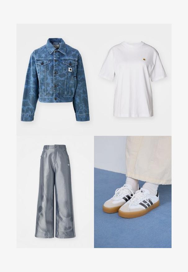 Jachetă de blugi scurtă, de culoare albastră, cu un model subtil de camuflaj, având un guler ascuțit, buzunare frontale și nasturi închiși la culoare. Pătată cu logo-ul Carhartt.; Tricou alb din bumbac cu o croială lejeră, mâneci scurte și un mic logo brodat în zona stângă a pieptului.; Pantaloni cu picioare largi din material lucios gri, având dungi laterale albe și un model cu flăcări pe picioarele inferioare. Închidere cu nasture și fermoar la talie.; Adidași albi cu dungi negre și accente din suede bej. Au talpă din cauciuc texturat și șireturi albe plate, purtați cu șosete de culori deschise.