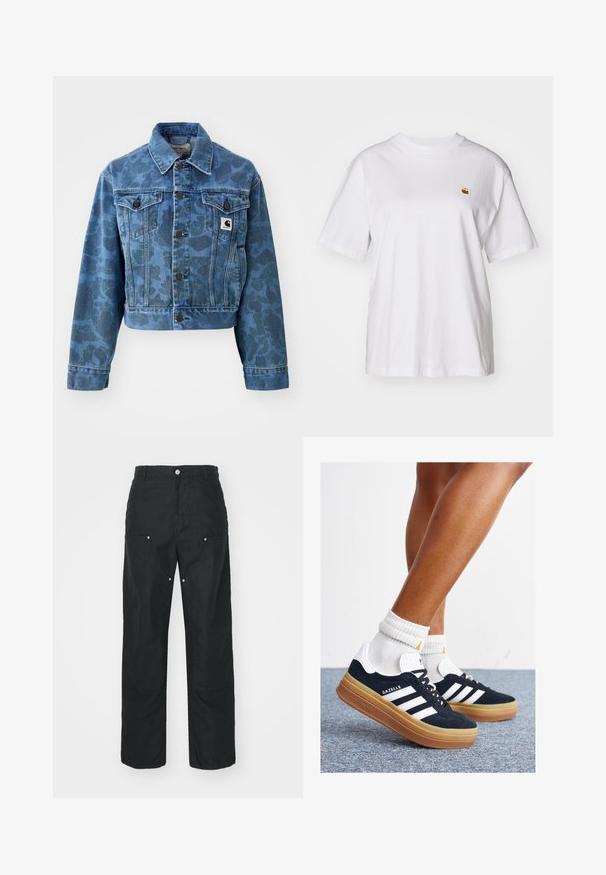 Kék, finom kamuflázs mintájú, rövidített farmerdzseki, hegyes gallérral, elülső zsebekkel és sötét gombokkal. Carhartt logóval ellátott címke.; Fehér pamut póló laza szabással, rövid ujjakkal és egy kis hímzett logóval a bal mellrészén.; Fekete nadrág, egyenes lábbal, textúrált anyagból készült. Dekoratív ezüst hardware-rel és egyedi varrási részletekkel rendelkezik.; Fekete velúr sportcipő fehér csíkokkal és díszítésekkel, lekerekített orral, gumitalpú külső résszel, fehér bordázott bokazoknival párosítva.