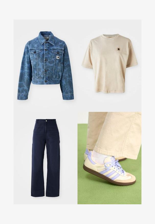 Cropped denim jacket in blue with a subtle camouflage pattern, featuring a pointed collar, front pockets, and dark buttons. Carhartt logo patch.; Beige cotton t-shirt with a relaxed fit, crew neck, short sleeves, and a small square logo patch on the left chest area.; Navy blue wide-leg cargo pants with a sturdy cotton fabric, featuring side pockets and a button closure at the waist.; Cream and lavender sneakers with three stripes and a textured brown sole, featuring laces and a padded heel. Soft fabric upper.
