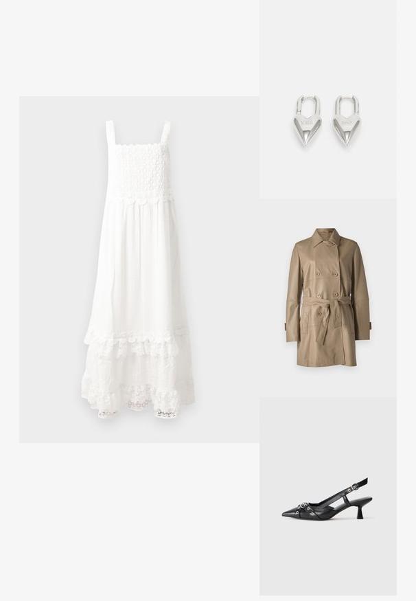 STUDIO ID JACKET - Lederjacke - nappa mud; Langes weißes Kleid aus strukturiertem Stoff, mit einem gerafften Oberteil, verstellbaren Trägern und einer Spitzenkante am Saum.; Schwarzer Leder-Slingback-Schuh mit spitz zulaufender Zehenpartie, dekorativen Riemen mit METALLÖSEN und niedrigem Blockabsatz. Strukturelle Oberfläche.; Silberne herzförmige Vorhängeschlösser mit eingravierten "JA"- und "NEIN"-Texten, polierte Oberfläche, symmetrisches Design und einem robusten Metallverschluss.