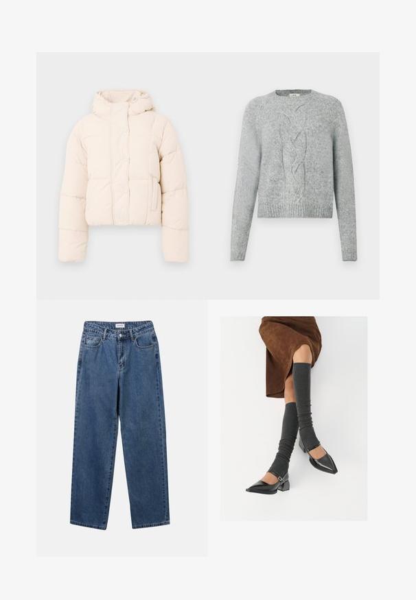 Giubbotto imbottito beige con cappuccio, caratterizzato da un design trapuntato, bottoni a pressione e tasche laterali. Tessuto morbido e imbottito per garantire calore.; Maglione lavorato a maglia grigio chiaro con maniche lunghe, collo a giro e motivo a trecce centrale sulla parte frontale.; Jeans in denim blu classico con design a gamba dritta, cinque tasche e chiusura con bottone. Presentano un lavaggio medio e una trama robusta.; Scarpe nere in pelle verniciata con punta affilata, tacco a blocco e cinturino alla caviglia, abbinate a scaldamuscoli grigi a coste e una gonna in suede marrone.