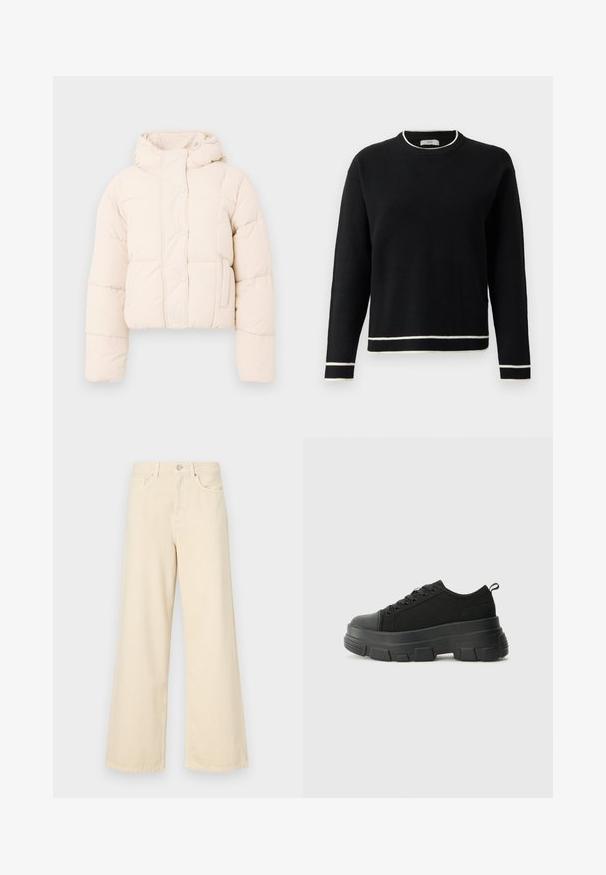Beige színű pufi dzseki, kapucnival, steppelt dizájnnal, patent gombokkal és oldal zsebekkel. Puha, párnázott textúra a melegségért.; Fekete, hosszú ujjú, kerek nyakú pulóver fehér díszítéssel a galléron, az ujjak végén és az alsó szegélyen, sima fehér háttér előtt.; Bézs, széles lábú farmernadrág, pamutból készült. Gombos záródással, övhurkokkal és elülső zsebekkel rendelkezik, sima, puha tapintással.; Fekete sportcipők vastag gumitalppal, texturált szövet felsőrésszel, kerek orral és fűzős kialakítással. Megerősített fűzőlyukakkal és hátsó húzófüllel rendelkezik.