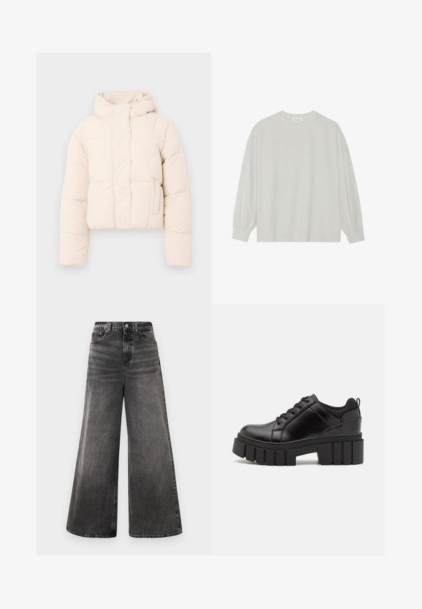 Beige pufferjacka med huva, med en vadderad design, tryckknappar och sidofickor. Mjuk, vadderad textur för värme.; Ljusgrå långärmad t-shirt i mjuk bomull. Har en lös passform, rund halsringning och lätt rynkade ärmslut. Utan mönster eller grafik.; Breda svarta denimjeans med en urtvättad finish, femficksdesign och knappstängning vid midjan, med stickade detaljer.; Svarta läderplattformsskor med en kraftig blockklack, rund tå och traditionell snörningsdesign. Har en slät textur och minimal detaljering.