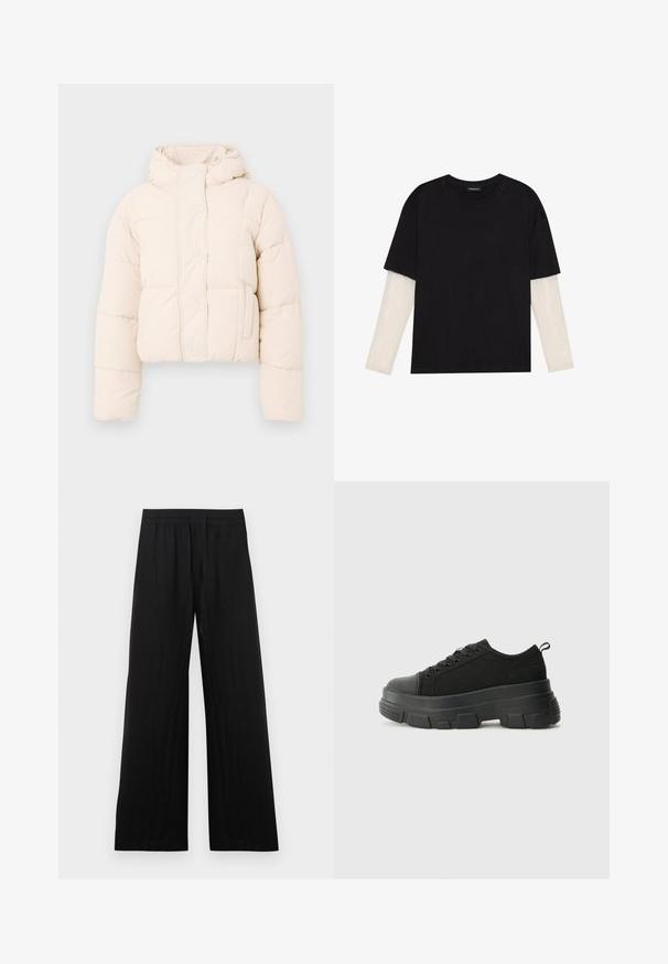 Bees värvi puffer-jakk, millel on kapuuts, tikandiga disain, nööbid ja küljetaskud. Pehme, padjakattega tekstuur soojustamiseks.; Mustmust särk, mis on valmistatud puuvillast, lühikeste varrukatega, valge pika varrukaga kihi peal, millel on peene tekstuuriga muster. Ümar kaelus.; Mustad laiad lõhikutega püksid, valmistatud puuvillast. Omavad elastset vöökohale ja sujuvat, tekstuurset viimistlust. Ilma nähtavate mustrite ega aksessuaarideta.; Mustad mustad mustikad, millel on tugev kummist põhi, tekstuuriga kangast pealis, ümar varvas ja seotud disain. Omab tugevdatud silmuseid ja tagumist tõmbeotsta.