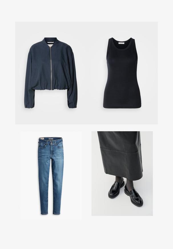 Casaco de bombardeiro azul marinho com fecho de correr, bainha elástica e mangas longas. Apresenta bolsos laterais e uma textura suave.; Top preto de alças feito de um tecido macio e elástico. Apresenta uma gola redonda e alças largas, com uma silhueta ajustada e textura suave.; Jeans skinny de cintura alta em denim azul claro. Possui cinco bolsos, fecho frontal com botão e detalhe de costura clássica por todo o lado.; Mocassins de pele preta com um acabamento liso, apresentando uma fita decorativa, bico redondo e sola texturizada. Usados com uma saia longa de pele preta.
