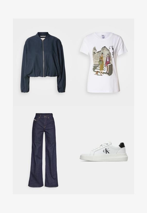Granatowa kurtka bombowca z zapięciem na zamek, elastycznym wykończeniem dołu i długimi rękawami. Posiada boczne kieszenie i gładką fakturę.; Biała bawełniana koszulka z nadrukowanym obrazkiem dwóch kobiet w miejskich stylach mody z psem na przejściu dla pieszych oraz budynkami w tle.; Ciemnoniebieskie dżinsy szerokie w nogawkach wykonane z denimu, z wysokim stanem, z pomarańczowymi przeszyciami, pięcioma kieszeniami i zapięciem na guzik.; Białe sneakersy typu low-top z czarnym paskiem na pięcie, platformą, sznurowadłami i logo "CK" marki Calvin Klein na boku.