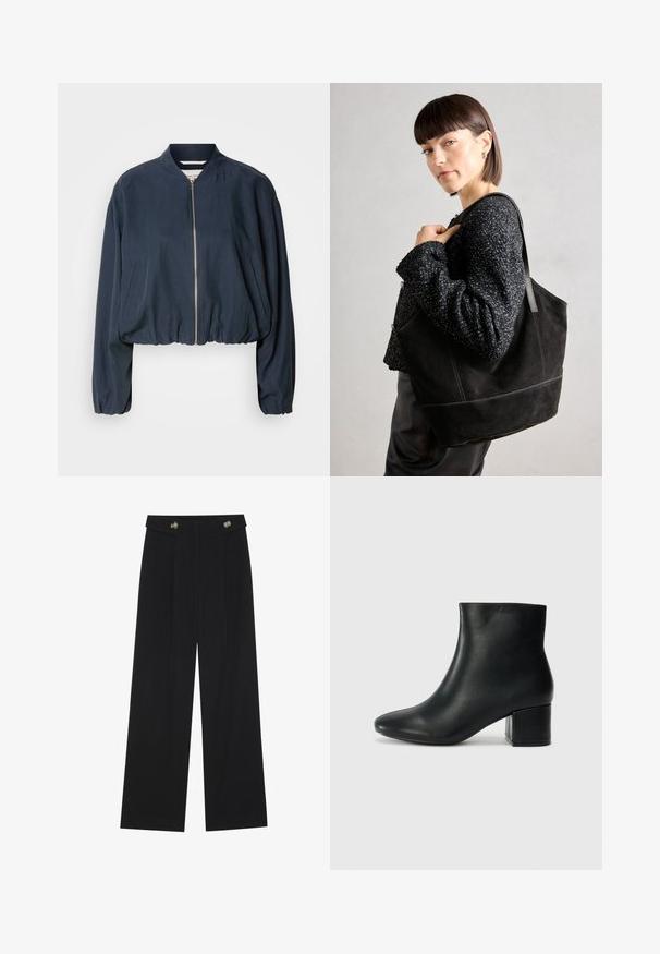 Marineblauer Bomberjacke mit Reißverschluss, elastischem Saum und langen Ärmeln. Verfügt über Seitentaschen und eine glatte Textur.; Zwei schwarze Langarmshirts mit V-Ausschnitt, aus weichem, dehnbarem Stoff, der eine glatte Textur und eine figurbetonte Passform zeigt.; Schwarze weite Hosen mit hoher Taille, Knopfdetails am Bund und vorderen Falten.; Schwarze Leder-Ankle-Boots mit spitzem Zehenbereich und klobigem Absatz. Glatte Textur mit minimalen Akzenten und einem eleganten, taillierten Design.; Schwarze Wildleder-Tote-Tasche mit glatter Textur, strukturiertem Design und kontrastierenden Nähten. Verfügt über lange Träger zum Tragen über der Schulter.