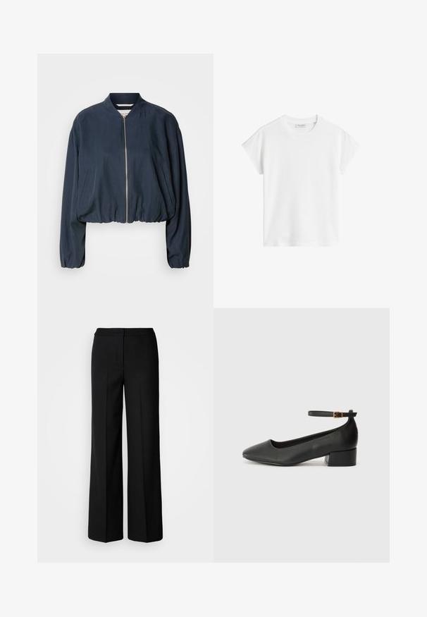 Granatowa kurtka bombowca z zapięciem na zamek, elastycznym wykończeniem dołu i długimi rękawami. Posiada boczne kieszenie i gładką fakturę.; Biała koszulka z krótkim rękawem wykonana z bawełny. Posiada luźny krój, okrągły dekolt oraz lekko opuszczone szwy ramion. Brak wzorów lub dodatkowych akcentów.; Czarne szerokie spodnie o gładkim materiale, z wysokim stanem, dopasowanymi szwami i minimalistycznym designem. Brak widocznych zapięć lub kieszeni.; Czarne skórzane szpilki z ostrym noskiem i niskim słupkowym obcasem. Wyposażone w pasek na kostkę z złotym zapięciem. Gładka tekstura.