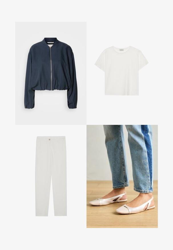 Jūras spēku bumbas žakete ar rāvējslēdzēju, elastīgu apakšmalu un garām piedurknēm. Iespējo sānu kabatas un gluda tekstūra.; Balts īsām piedurknēm T-krekls, kas izgatavots no mīksta kokvilnas. Tam ir apaļš izgriezums un brīvs piegriezums. Tīrs dizains bez redzamām rakstiem vai akcentiem.; Baltas, pielāgots bikses ar taisnu kāju dizainu, ar pogu aizdari, jostu cilpām un sānu kabatām; gluda auduma tekstūra.; Bālti rozā siksniņu dzīvokļi ar smailu purngalu, izgatavoti no gludas ādas līdzīgās materiāla. Iezīmē izgriezumu detaļas sānos un platu papēdi.