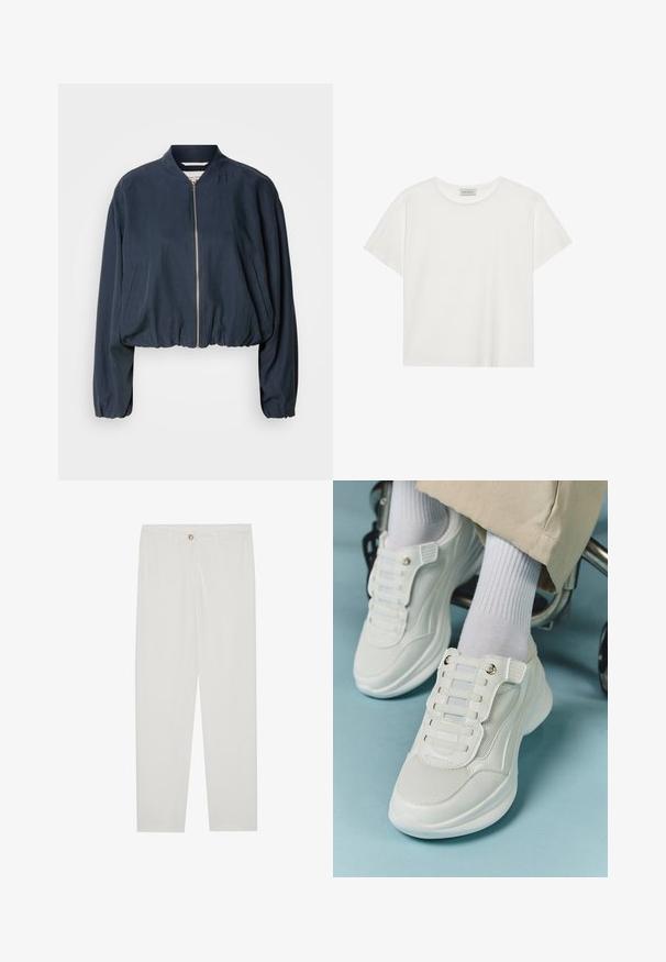 Marineblå bomberjakke med lynlås, elastisk bund og lange ærmer. Har sidelommer og en glat overflade.; Hvid kortærmet T-shirt lavet af blødt bomuld. Har en rund halsudskæring og en afslappet pasform. Rent design uden synlige mønstre eller accenter.; Hvide, skrædderlavede bukser med lige ben design, udstyret med knaplukning, bæltesløjfer og sidelommer; glat stoftekstur.; Hvide sneakers med mesh-materiale, gummisål, snørebåndsfri design med elastiske bånd og guldtonede accenter.