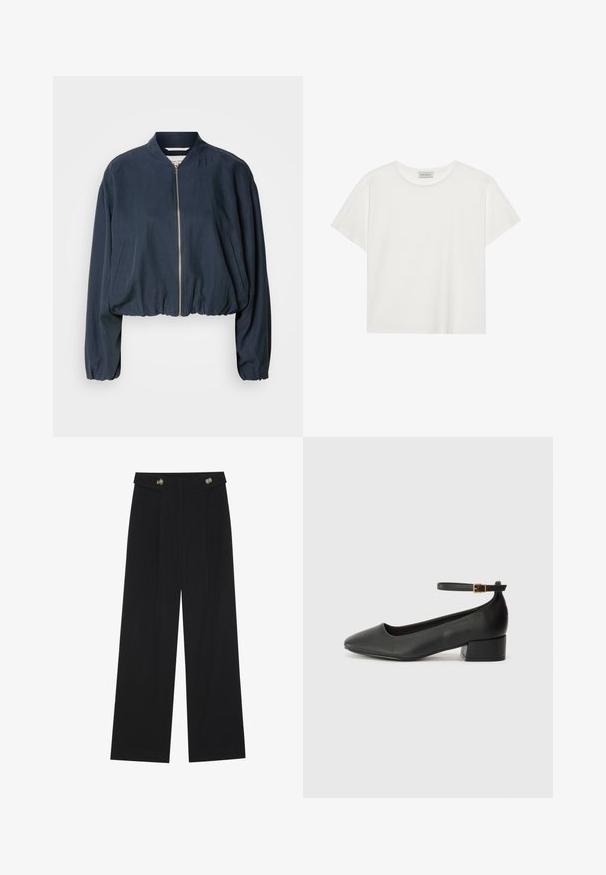 Marine bomberjakke med glidelås, elastisk hem og lange ermer. Har sidelommer og en jevn tekstur.; Hvit T-skjorte med kort erm laget av myk bomull. Har rund hals og avslappet passform. Rent design uten synlige mønstre eller aksenter.; Svart vide bukser med høy midje, knappdetaljer på midjebåndet og frontplisser.; Sorte skinnpumper med spiss tå og lav blokkhelt. Har ankelrem med gullfarget spenne. Glatt tekstur.