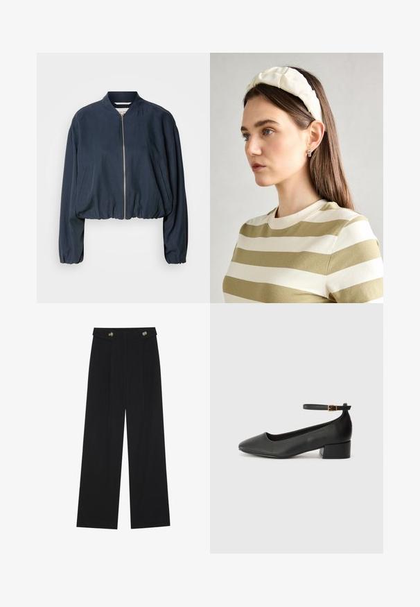 Mornarski bombnik z zadrgo, elastičnim robom in dolgimi rokavi. Ima stranske žepe in gladko teksturo.; Bela kratkotrajna majica s kratkimi rokavi, narejena iz mehke bombažne tkanine. Ima okroglo ovratnico in sproščen kroj. Čist dizajn brez vidnih vzorcev ali akcentov.; Črne široke hlače s visokim pasom, gumbnimi detajli na pasu in sprednjimi gubami.; Črne usnjene pumpice z nazobčanimi prsti in nizko blokasto peto. Imajo trak okoli gležnja z zaponko v zlatem tonu. Gladka tekstura.; Kremna ušesna traka s prepletenim dizajnom, uparjena s bež in belimi črtastimi majicami z okroglim izrezom. Diskretni nakit.