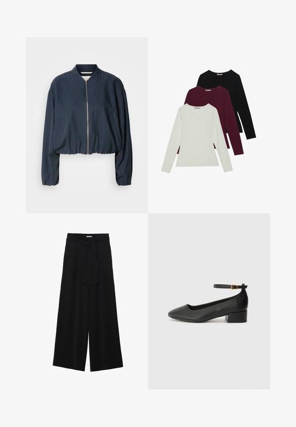 Casaco de bombardeiro azul marinho com fecho de correr, bainha elástica e mangas longas. Apresenta bolsos laterais e uma textura suave.; T-shirts de manga longa nas cores branca, burgundy e preta. Feitos de um tecido suave com decote redondo e design ajustado. Adequados para sobreposições.; Calças largas pretas com um tecido texturizado, uma cintura elástica e um laço destacável na cintura para um ajuste ajustável.; Sandal de pele preta com bico pontiagudo e um salto bloco baixo. Apresenta uma tira no tornozelo com uma fivela em tom dourado. Textura suave.